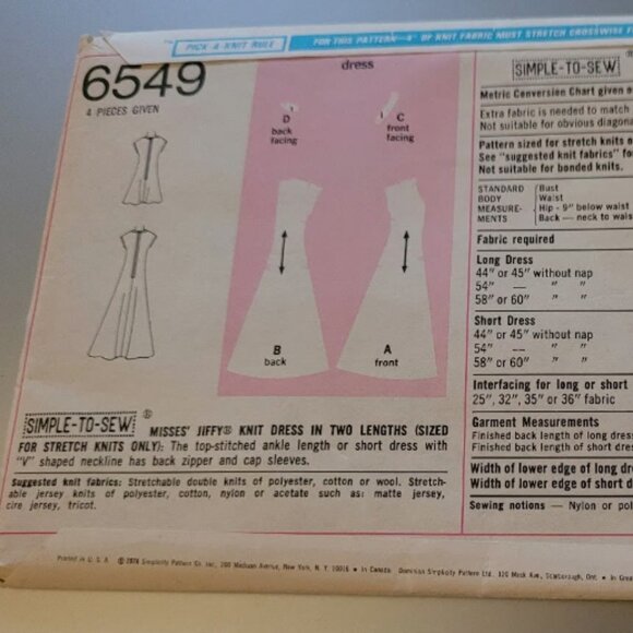 Vintage Simplicity 6549 Jiffy Knit Long or Short Dress Misses 10 - Picture 2 of 2